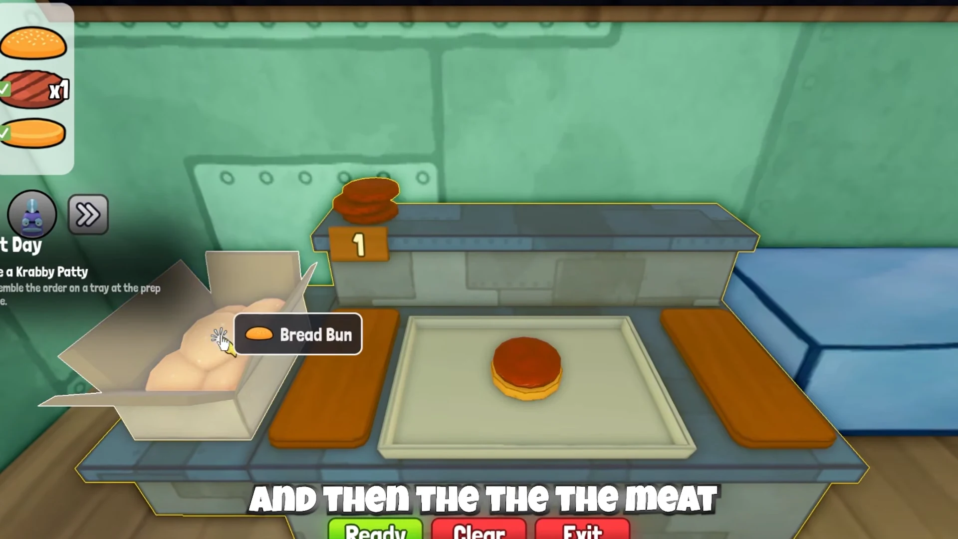 Bread Bun and cooked patty at the assembly table