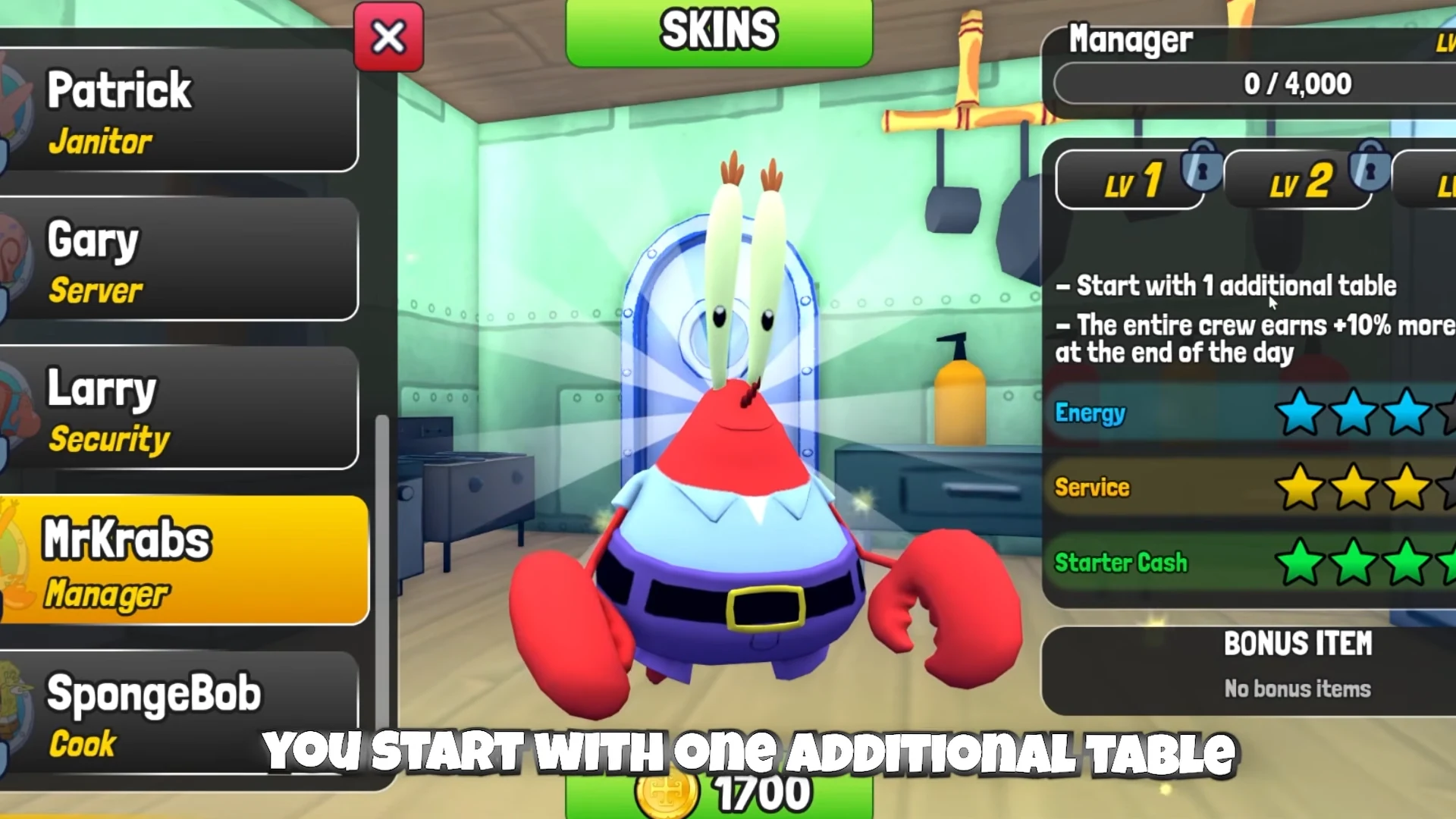 Mr. Krabs Manager Level 1 table and crew cash perks